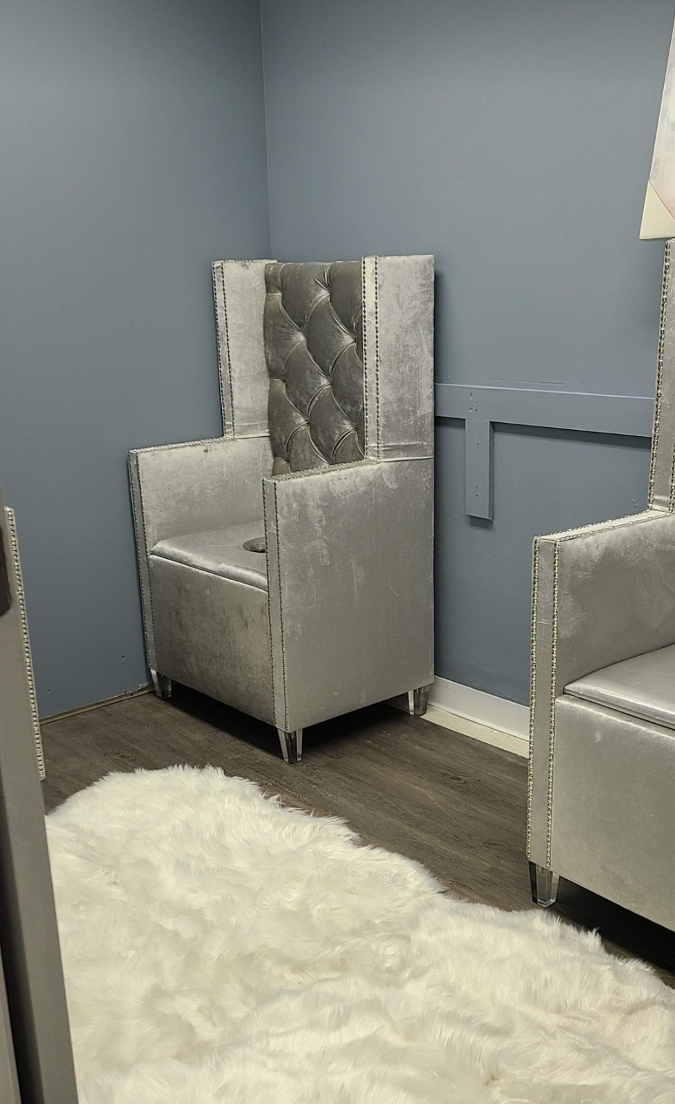 Gray velour custom made V-Steam Throne/chair with silver nail heads
