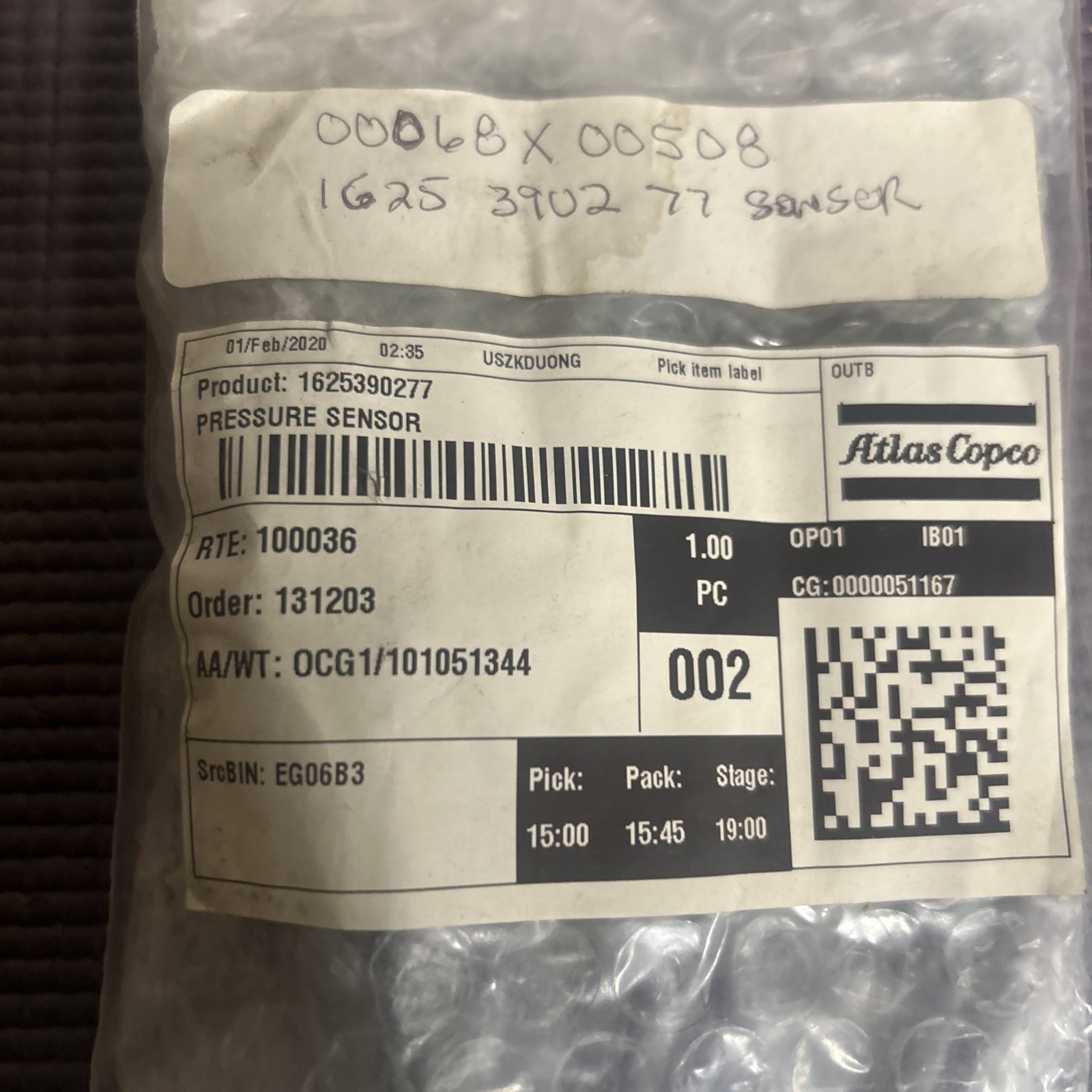 Atlas Copco 1625390277 PRESSURE SENSOR COMPRESSOR REPLACEMENT OEM German Made