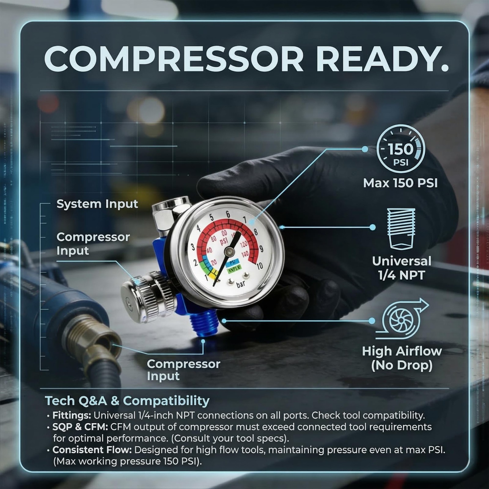 LE Lematec AR-01 Air Compressor Regulator ¼ NPT. Air Pressure Regulator 0-150…