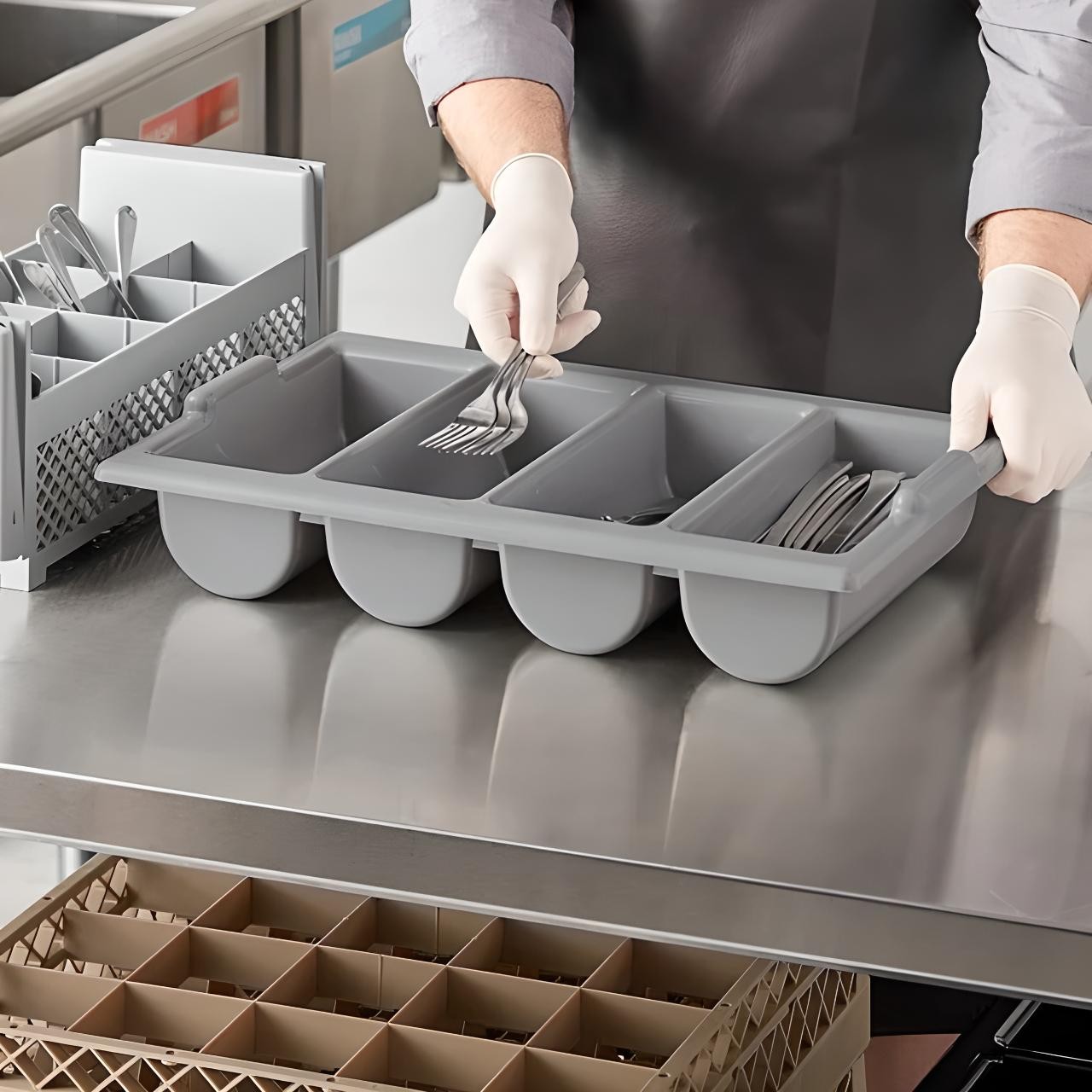 OCS Parts 4-Compartment Cutlery Bin | Gray | Silverware and Cutlery Organizer