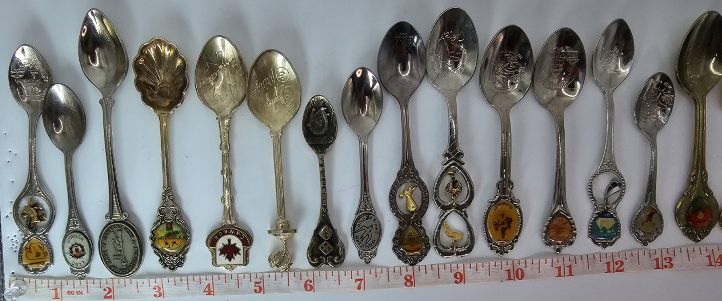 Lot of 18 Souvenir Mini Spoons-States, Places, Countries-Silver Plated, Brass