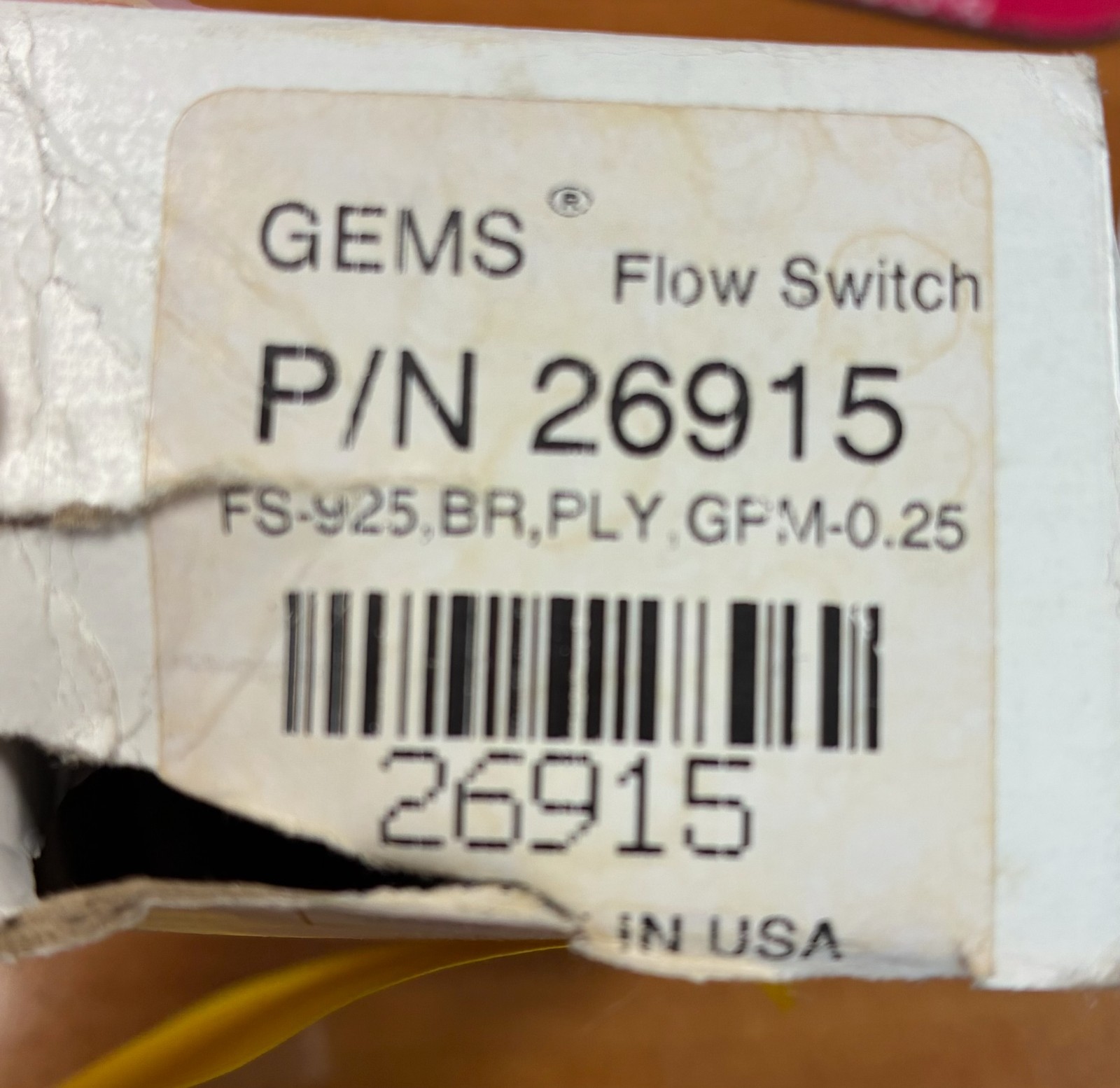 GEMS 26915 FLOW SWITCH FS-925, BR, PLY, GPM-0.25