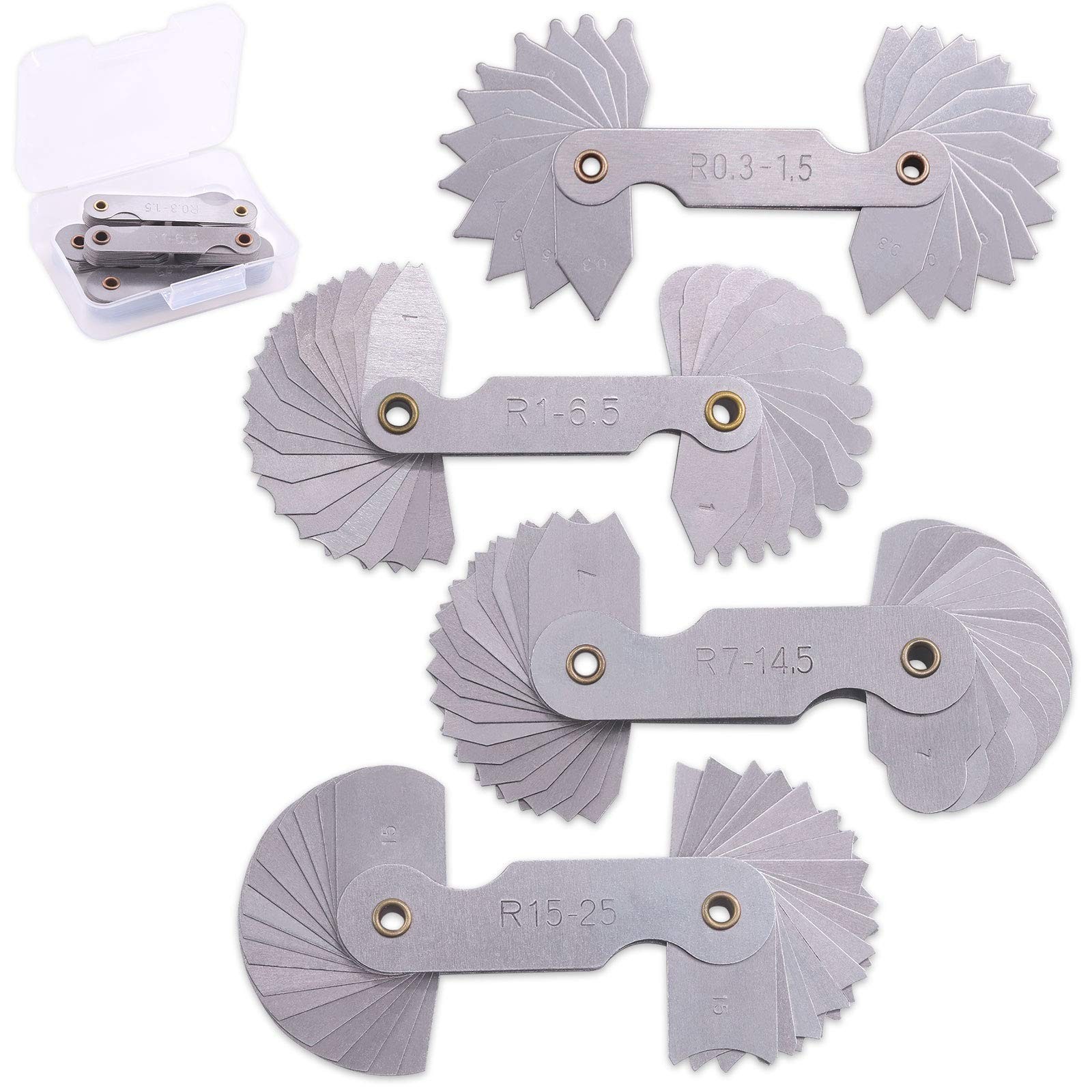 Glarks 4 Pack R0.3-1.5/ R1-6.5/ R7-14.5/ R15-25 Radius Gauge Set, Stainless S…