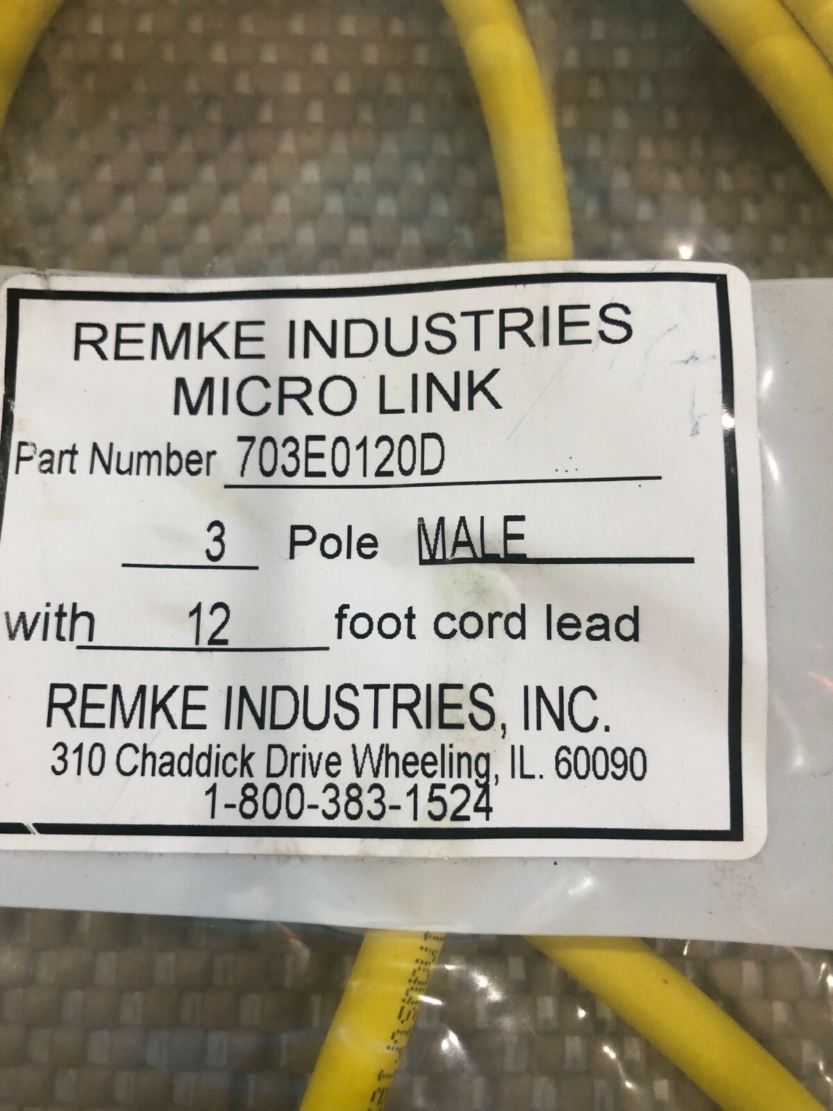 Remke 703E0120D Male 3 Pole 12ft Micro-Link Plug Assy. Cable