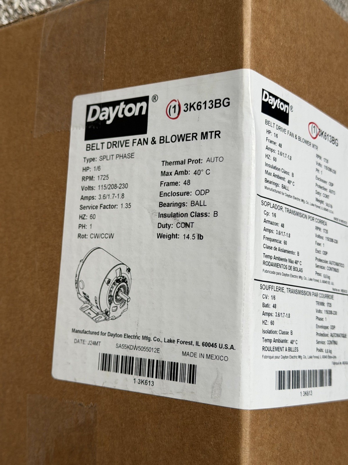 Dayton 3K613BG Split Phase Belt Drive Blower Motor 1/6 Hp 115/208-230V AC 48 FR