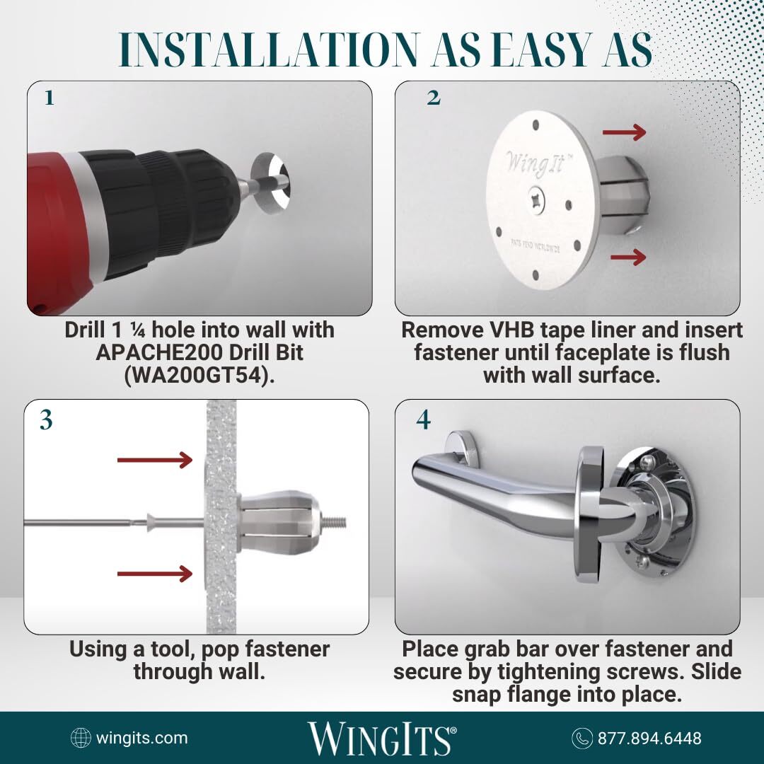 WingIts WGB6SSKN42 STANDARD Grab Bar, Diamond Knurled Grip, Concealed Mount,