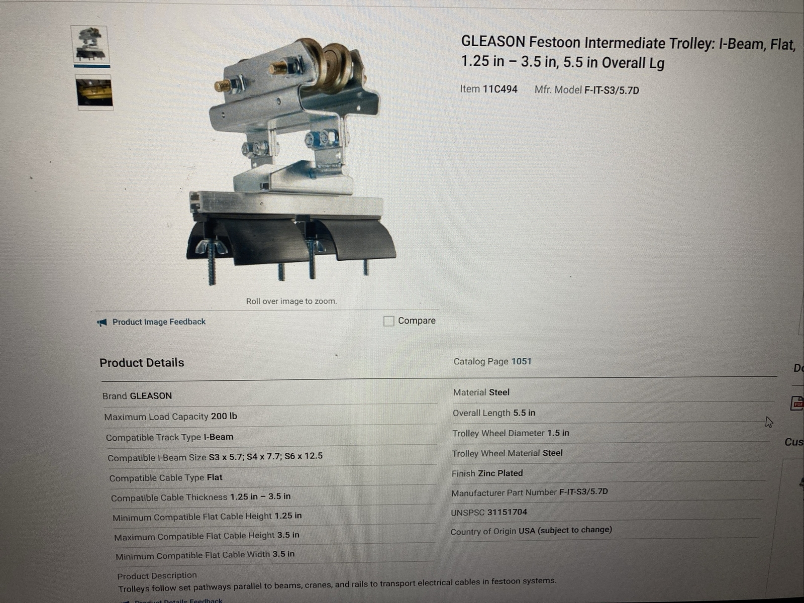 GLEASON Festoon Intermediate Trolley: I-Beam, Flat, 1.25 in – 3.5″, 5.5″ length