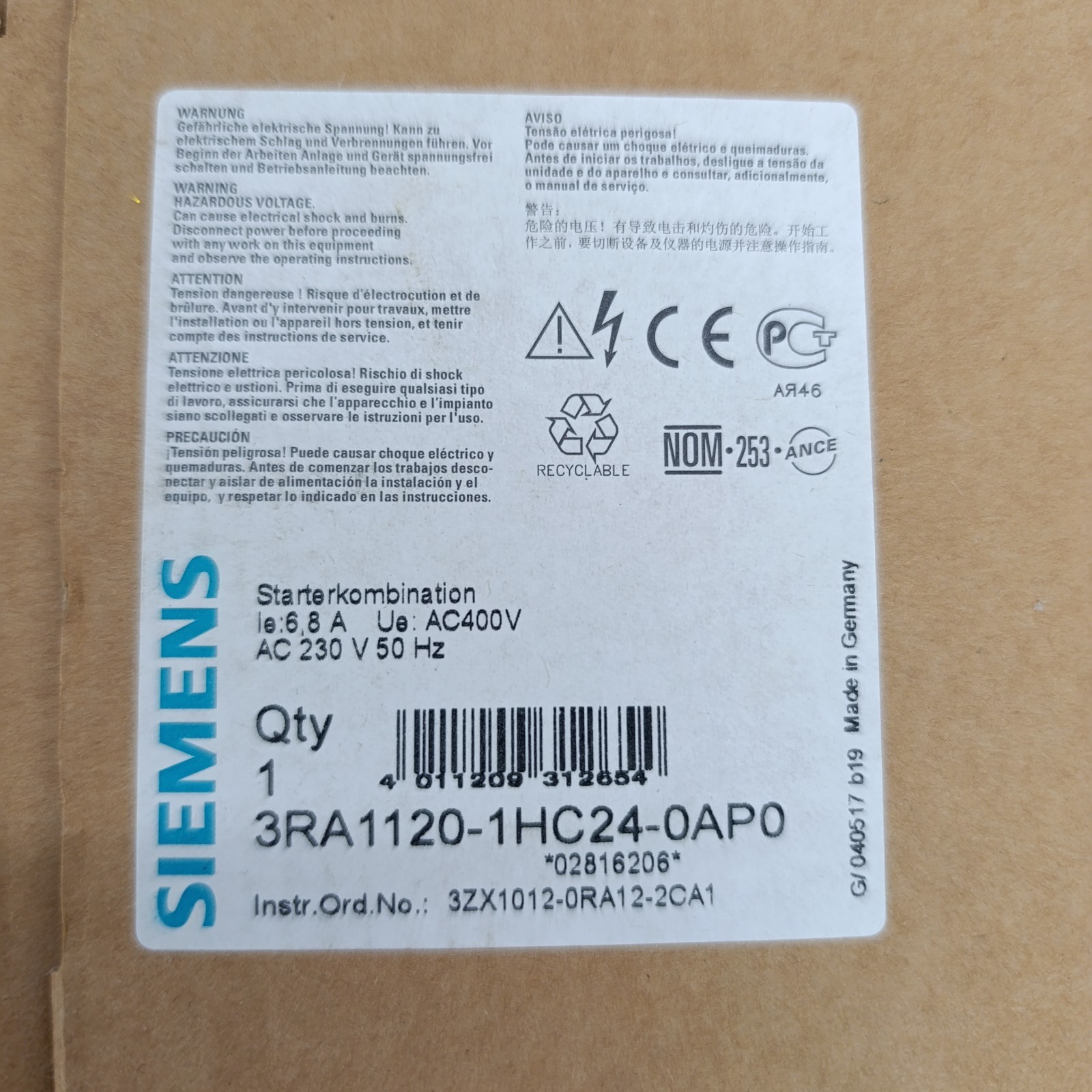 SIEMENS 3RA1120-1HC24-0AP0 LOAD FEEDER 3RA1120 1HC24 0AP0 400VAC 5.5-8A 230VAC