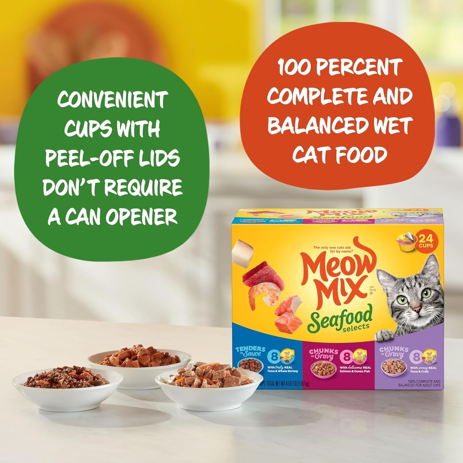 3 PACK Meow Mix Seafood Selections Variety Pack, Wet Cat Food, 2.75oz (24 Pack)