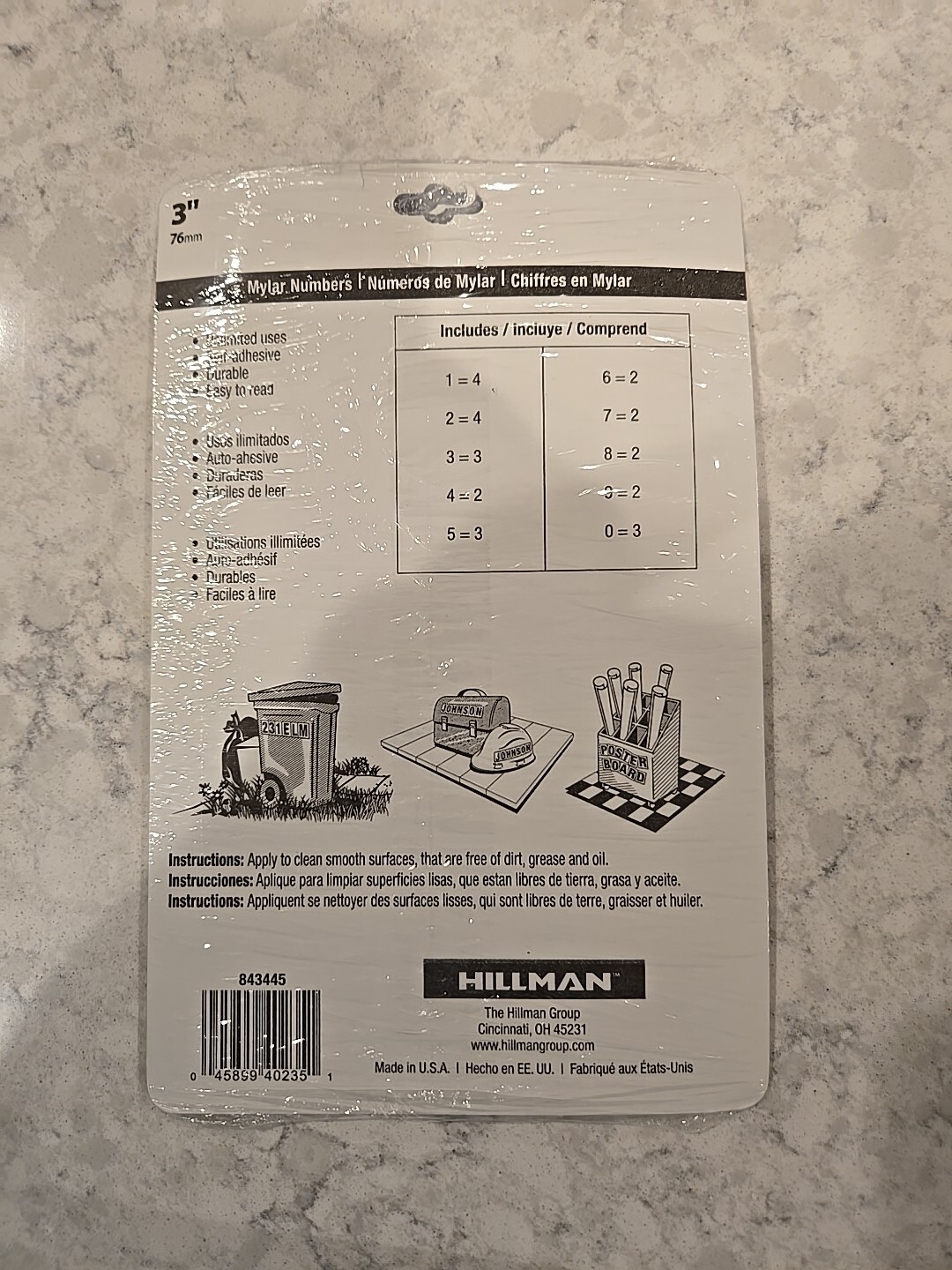 Hillman 843445 Black Mylar Self-Adhesive 0 to 9 Number Set (3 of Each) – NEW
