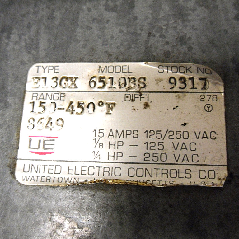 UNITED ELECTRIC E13GX THERMOSTATIC TEMPERATURE CONTROLLER E13GX 6510BS