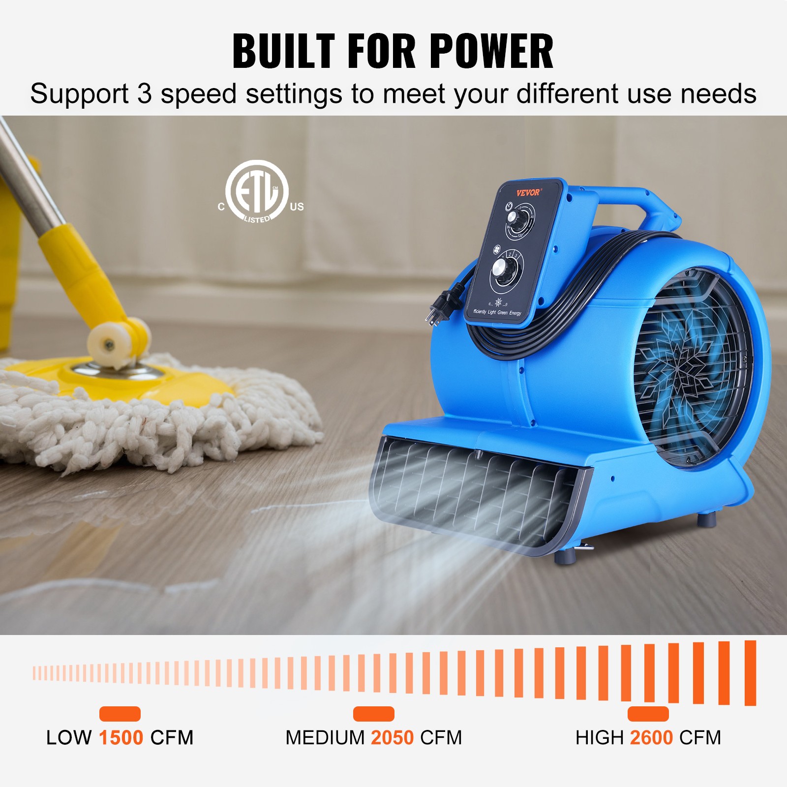 VEVOR Floor Blower Fan Air Mover 2600 CFM 3-Speed 1/2 HP Floor Carpet Dryer