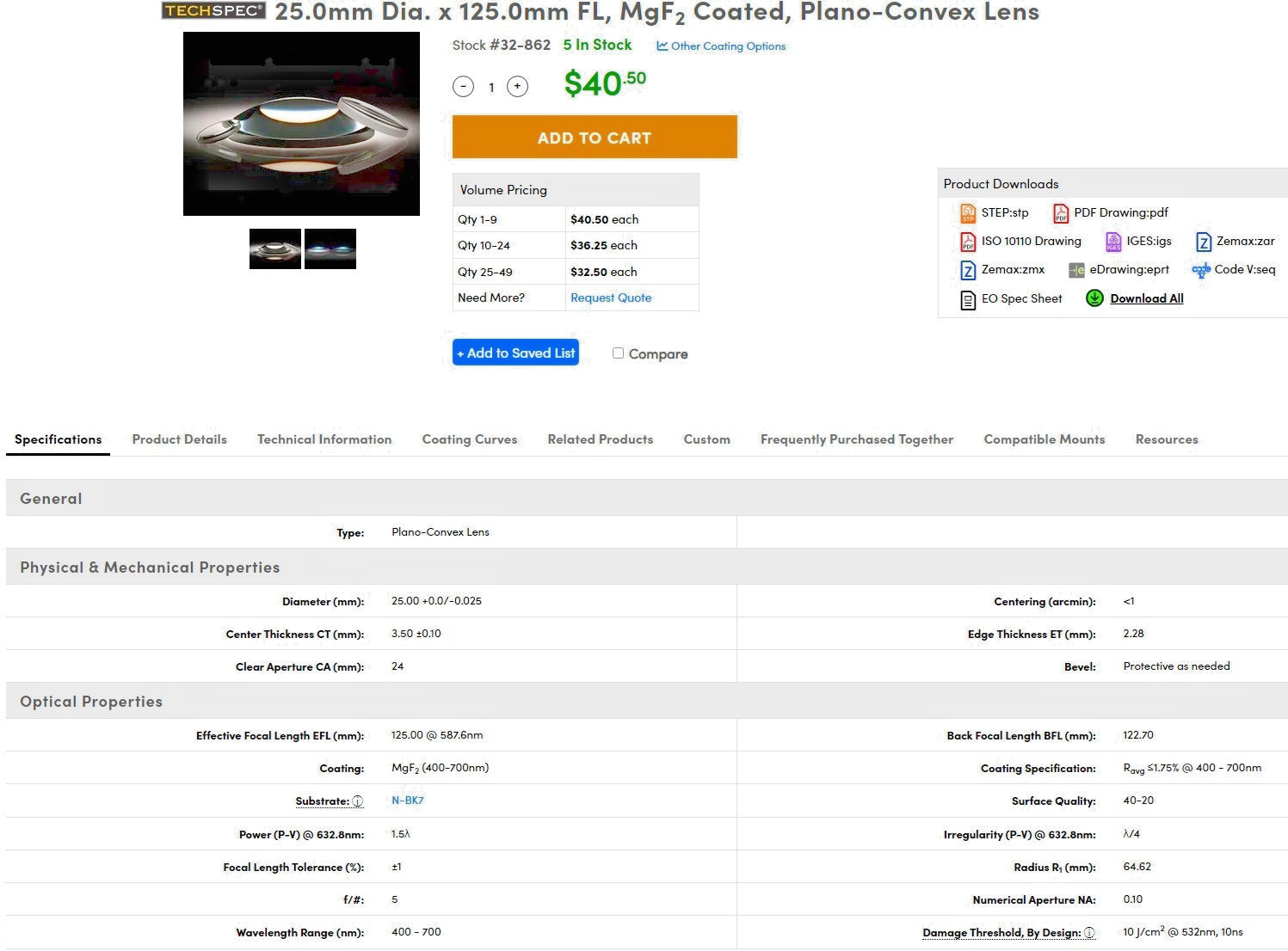 Edmund Optics 25.0mm Dia. x 125.0mm FL, MgF2 Coated, Plano-Convex Lens 32862