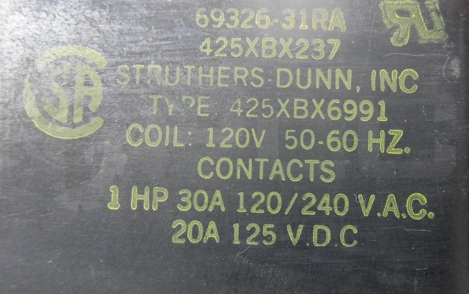 STRUTHERS-DUNN 69326-31RA TRANSFORMER RELAY 120V 50/60HZ 1HP 425XBX237