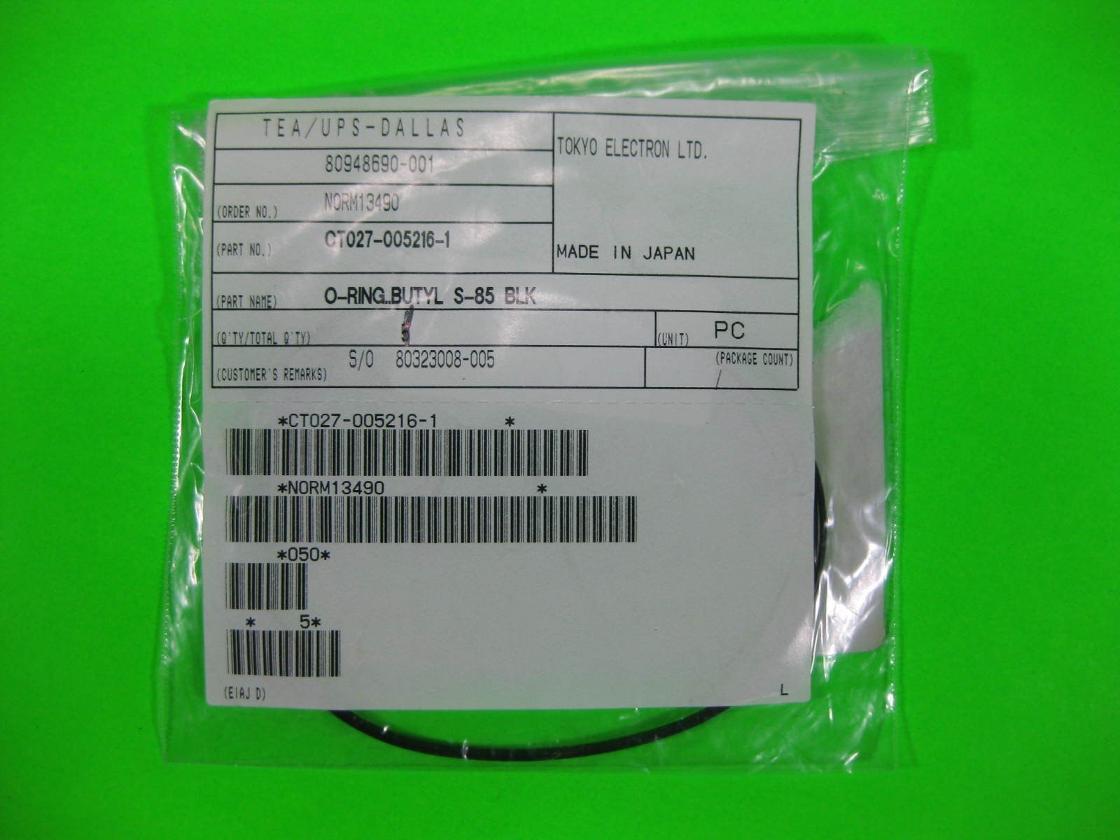 Tokyo Electron, TEL O-Ring Butyl S-85 Blk — CT027-005216-1 — New