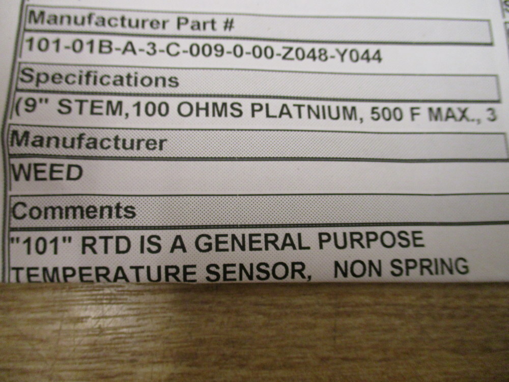 Weed Instrument 101-01B-A-3-C-009.0-00-Z048-Y044 Temperature Sensor
