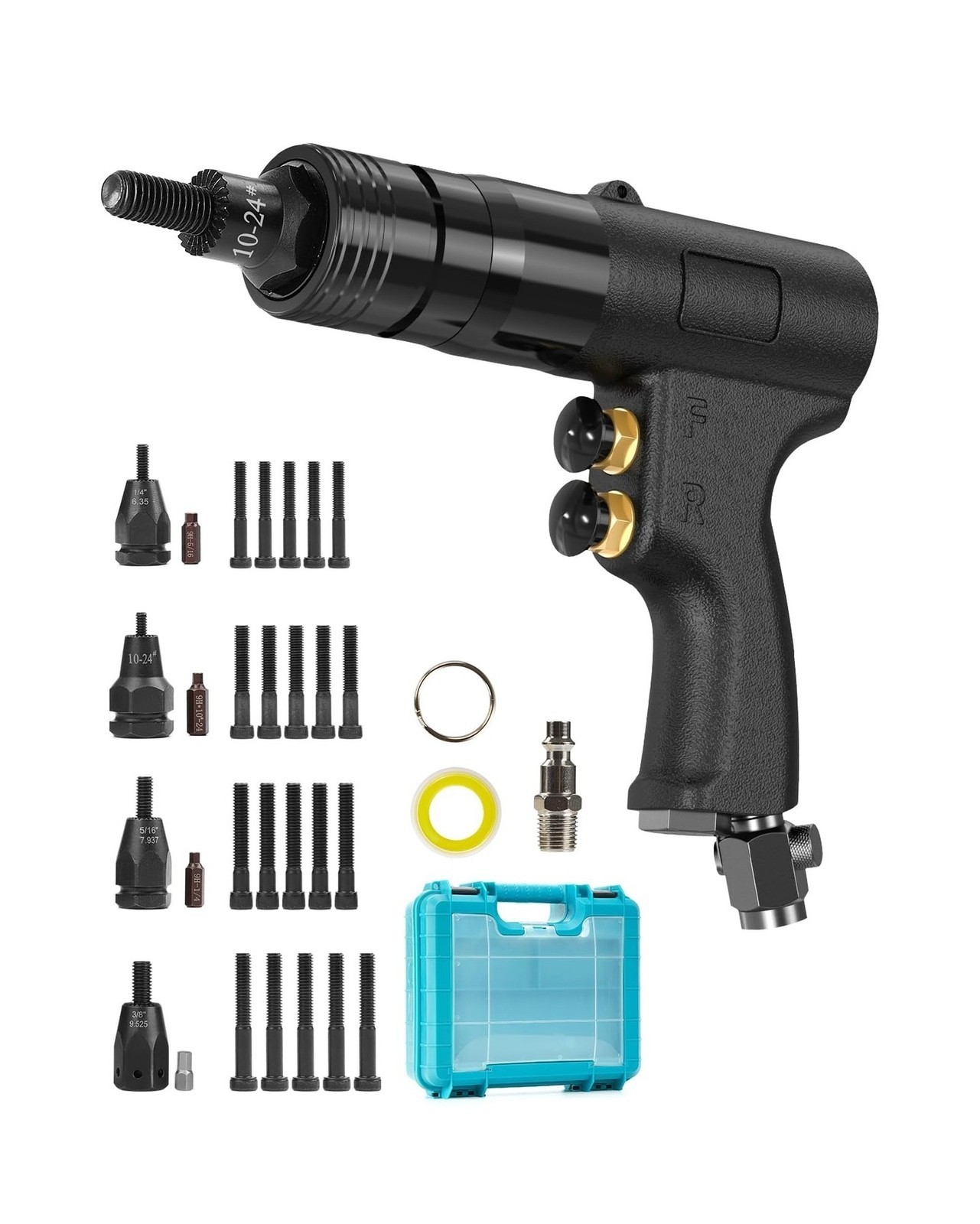 Air Rivet Nut Gun – 4 Sizes – For 10-24 to 3/8in – w/ Nozzles