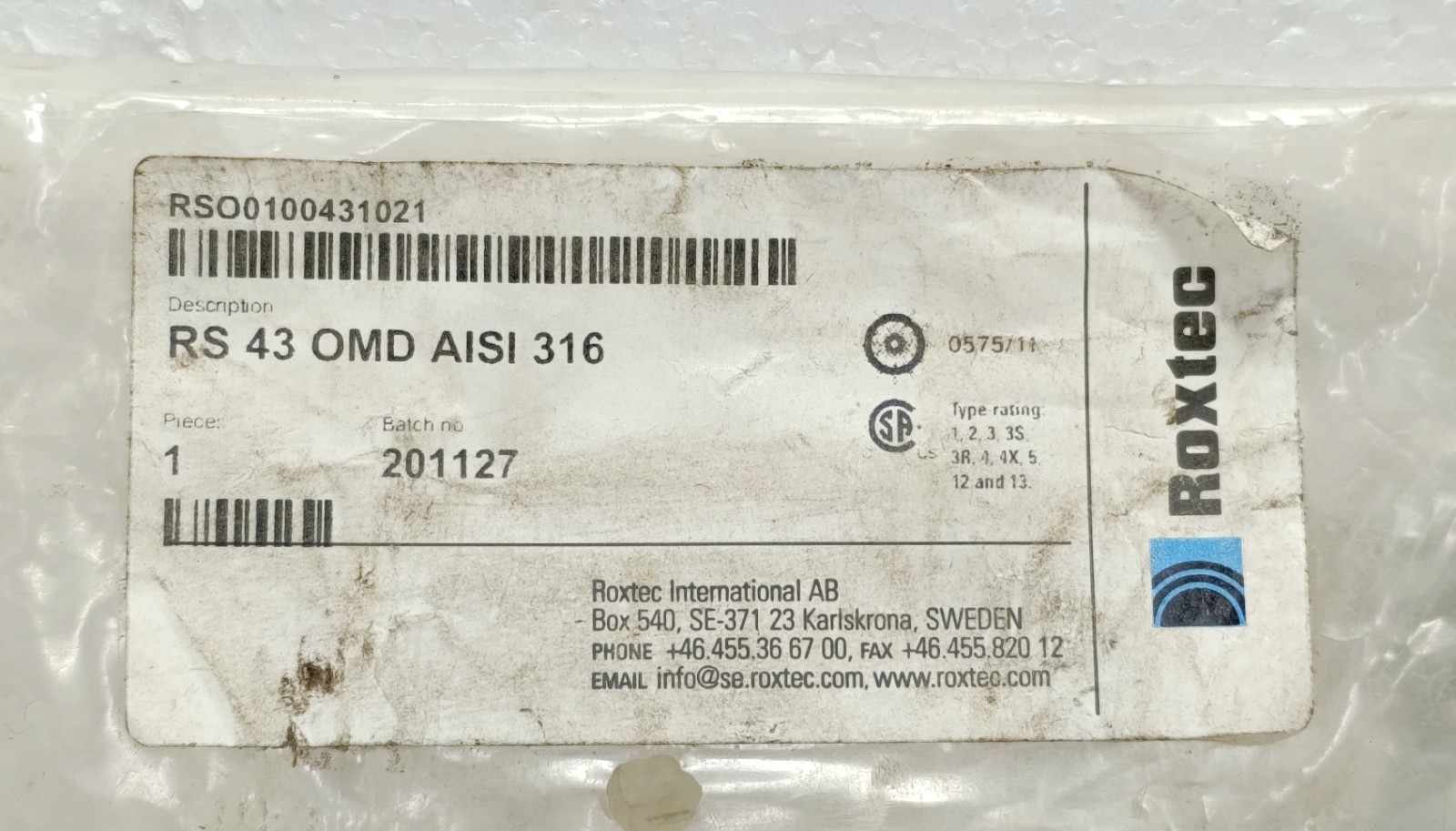 ROXTEC RSO0100431021 RS 43 OMD AISI 316 CABLE PIPE ENTRY SEAL SURPLUS NEW NO BOX