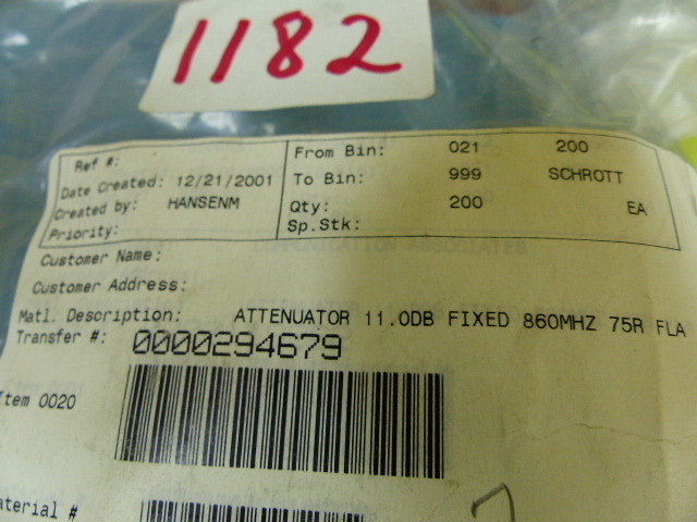 Scientific Atlanta 189423 Qty of 20 per Lot 11dB ATTENUATOR TO5 860MHZ 75 OH