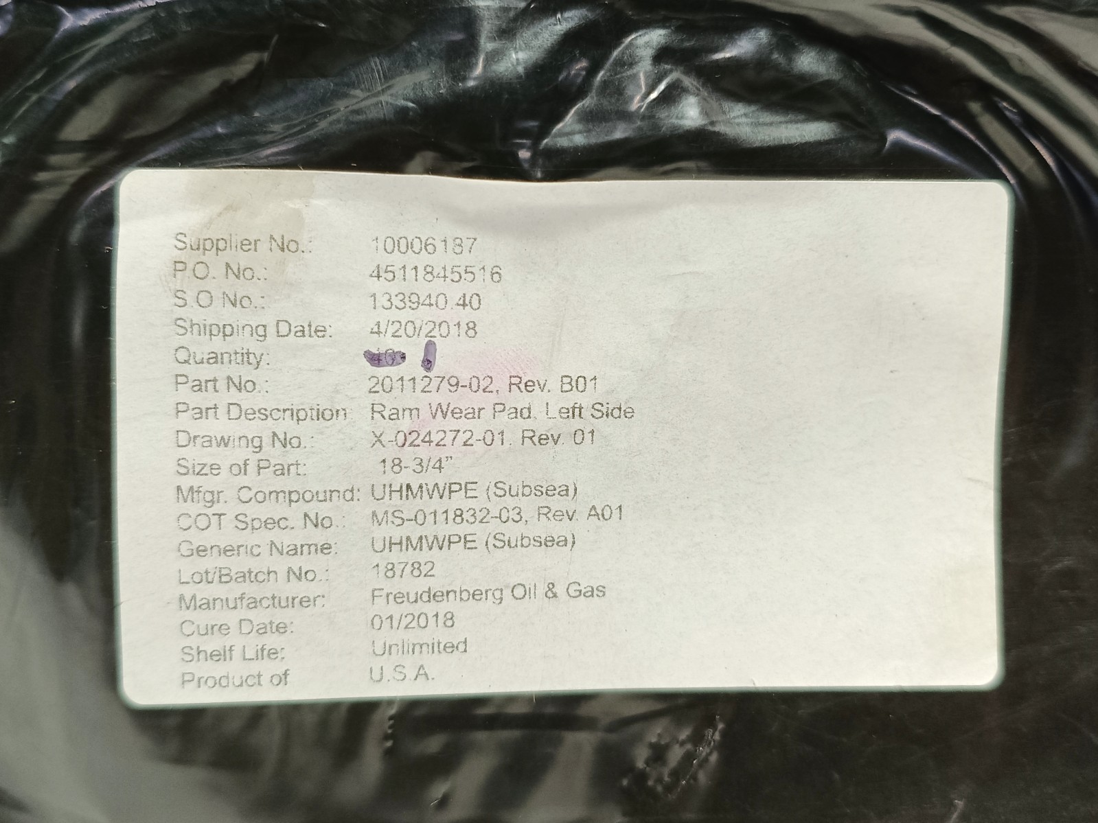 NEW Cameron Freudenberg Subsea BOP Ram Wear Pad, Left Side – 2011279-02