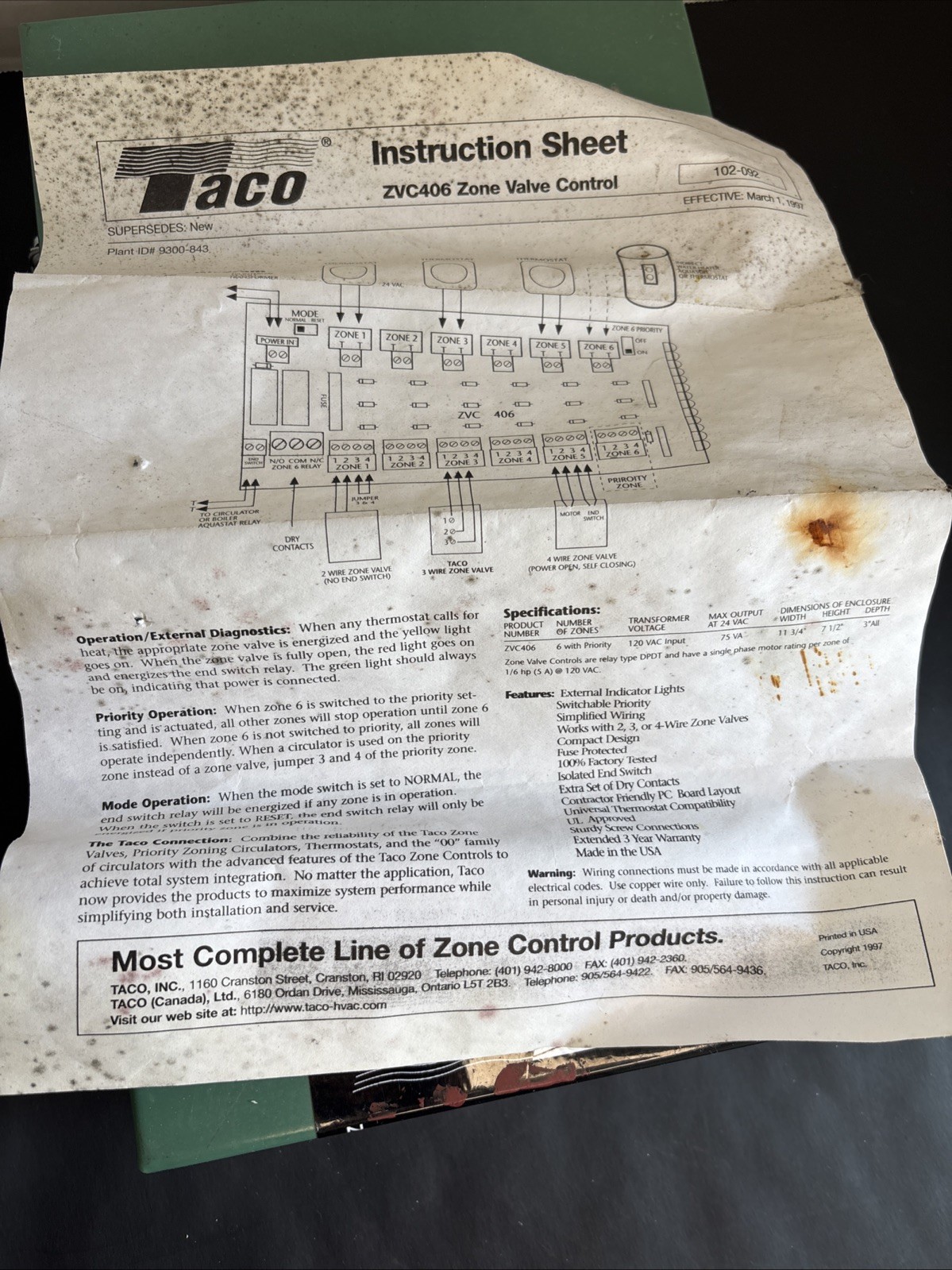 Taco ZVC406 | 6 Zone Valve Control With Instruction Sheet 1997