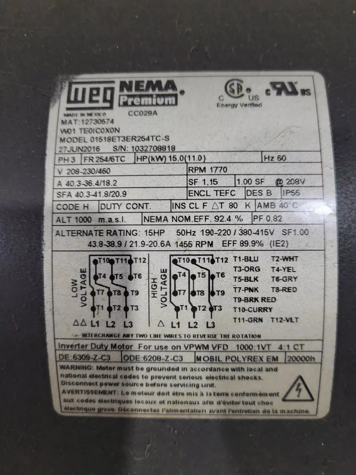 WEG Rolled Steel NEMA Motor  Catalog Number: 01518ET3ER254TC-S | 12730574