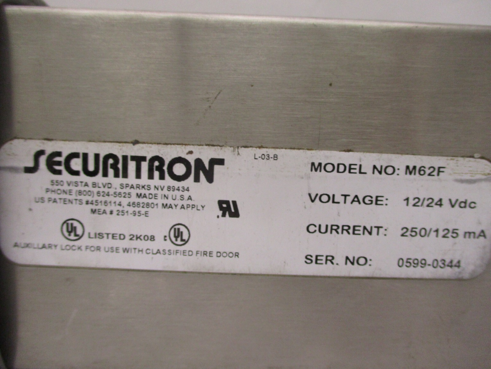Securitron M62F 12/24 VDC 2K08 Auxiliary Lock For Classified Fire Door A5798LR