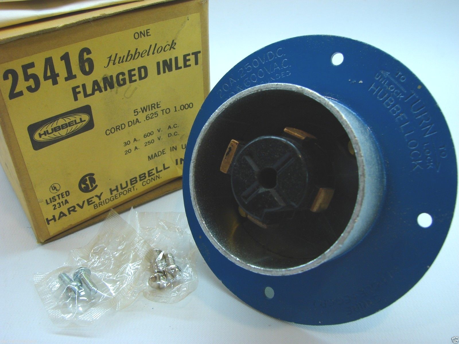 New Hubbell 25416 Hubbellock Flanged Inlet 5 Wire 250V/600V 20A/30A t7/bb5
