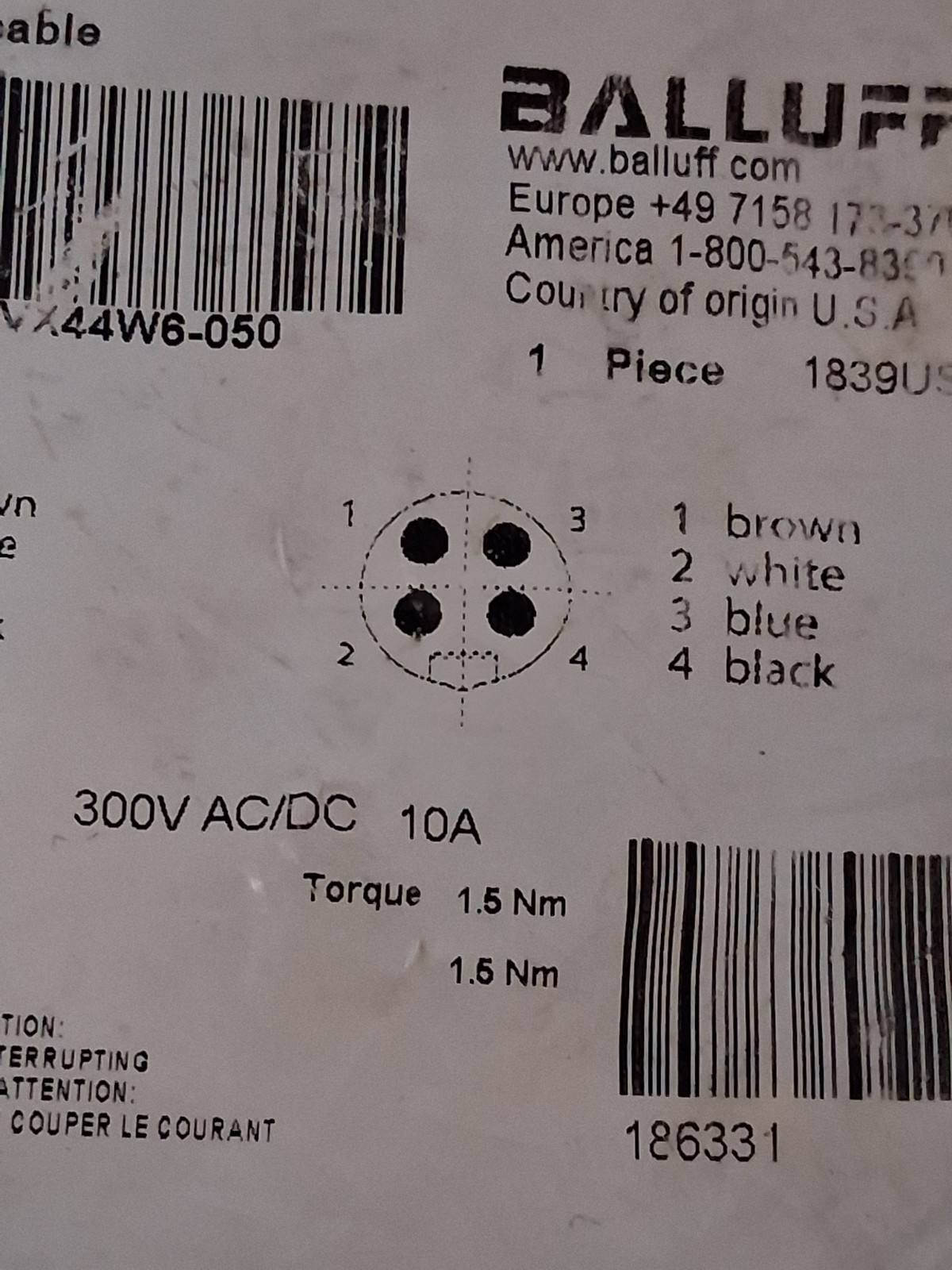 BALLUFF BCC A314-A314-30-304-VX44W6-050 (BCC091N) CORDSET 300V 10A 4 PIN M/F NIB