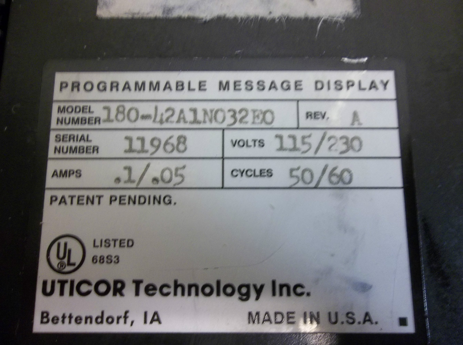 UTICOR PROGRAMMABLE MESSAGE DISPLAY 180-42A1N032E0 115/230V .1/.05A A AMP