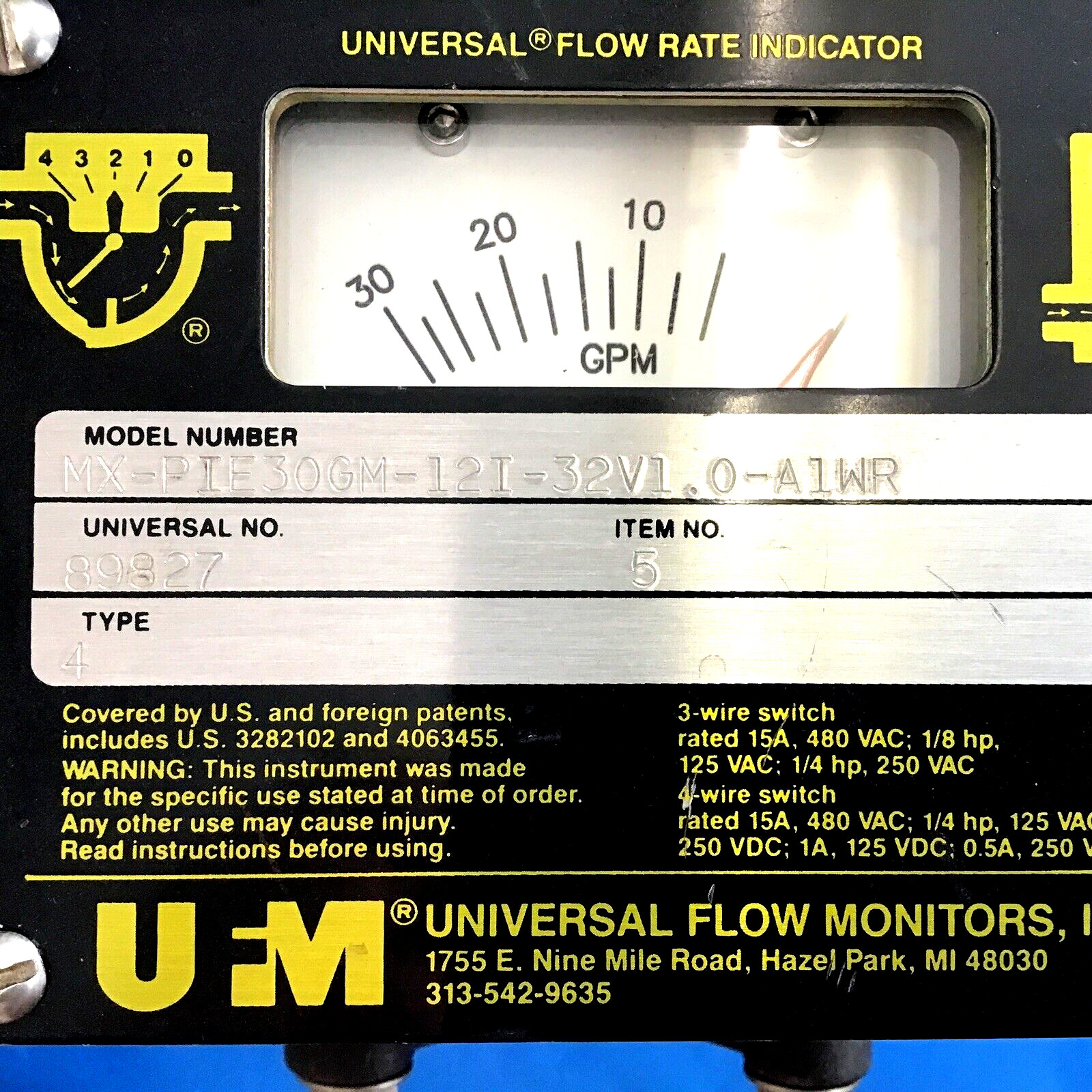 Universal Flow Indicator MX-PIE30GPM-12I-32V1.0-A1WR 0-30GPM NEW