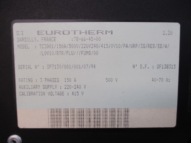 EUROTHERM TC3001/150A/500V/220V240/415/0V10/PA/URP/3S/RES/SD 220-240V 150A UNMP