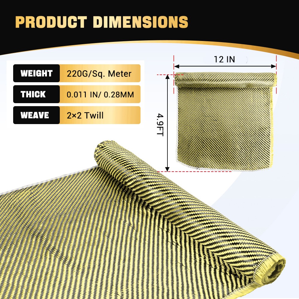 12″ x 5FT Twill Weave Black Yellow Carbon Fiber Fabric Cloth (3K, 9oz, 12″x59″)