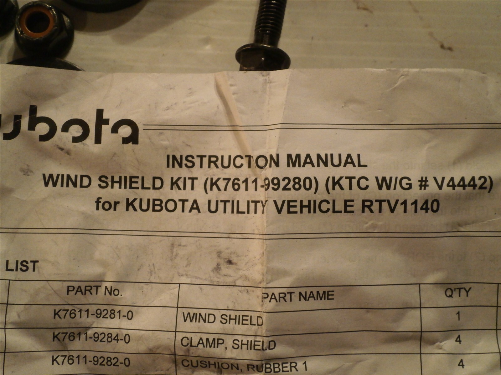 Kubota Wind Shield Kit K7611-99280 KTC W/G # V4442 Utility Vehicle RTV1140
