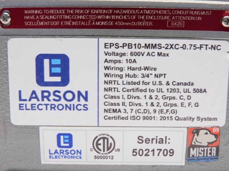 LARSON ELECTRONICS EPS-PB10-MMS-2XC-0.75-FT-NC 600VAC 10A NSNP