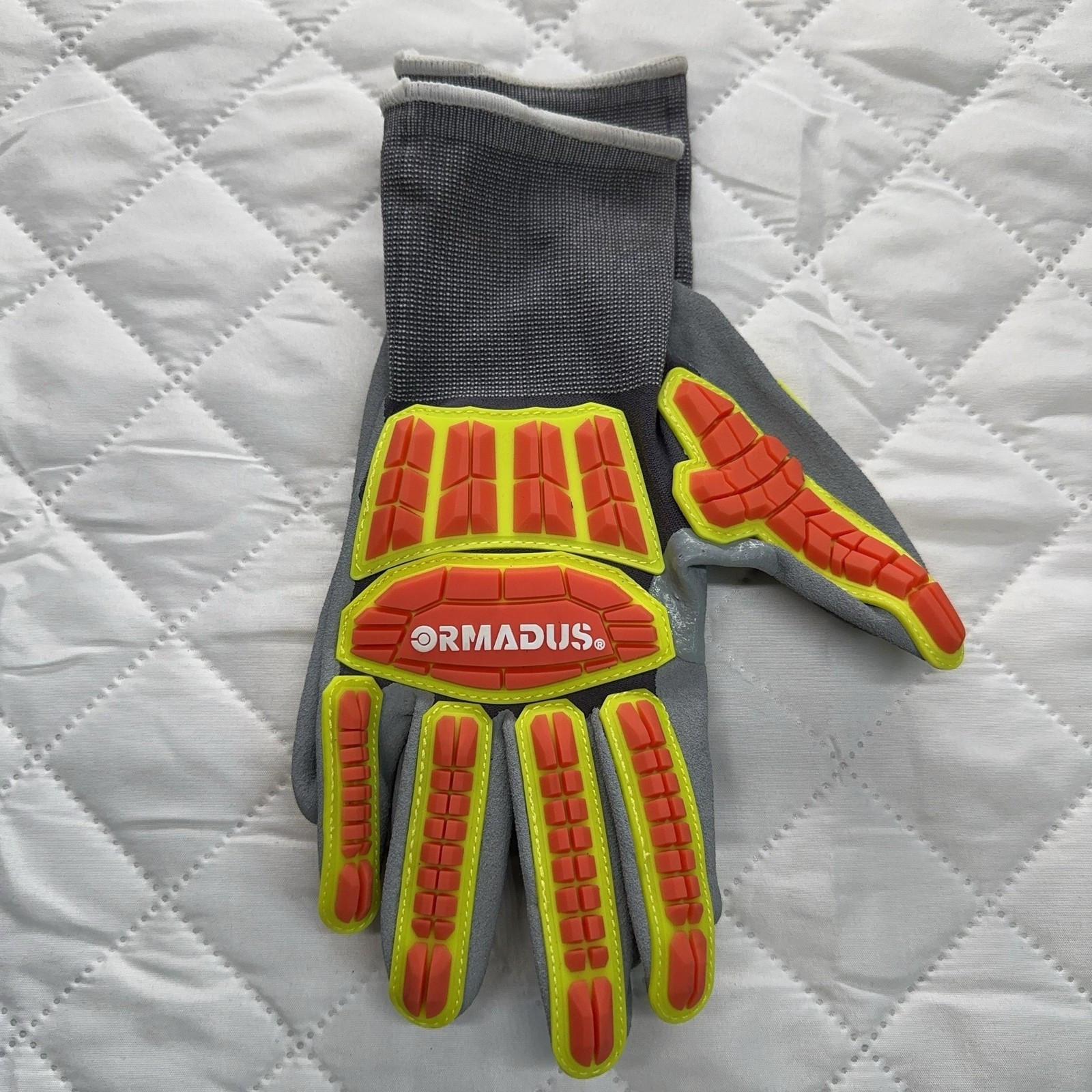 ORMADUS Impact Resistant Work Gloves Large L/9 Gray Hi-Vis Red Yellow ANSI A1
