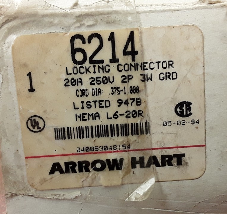 Arrow Hart 6214 Locking Connector, 20A 250V 2P 3W GRD
