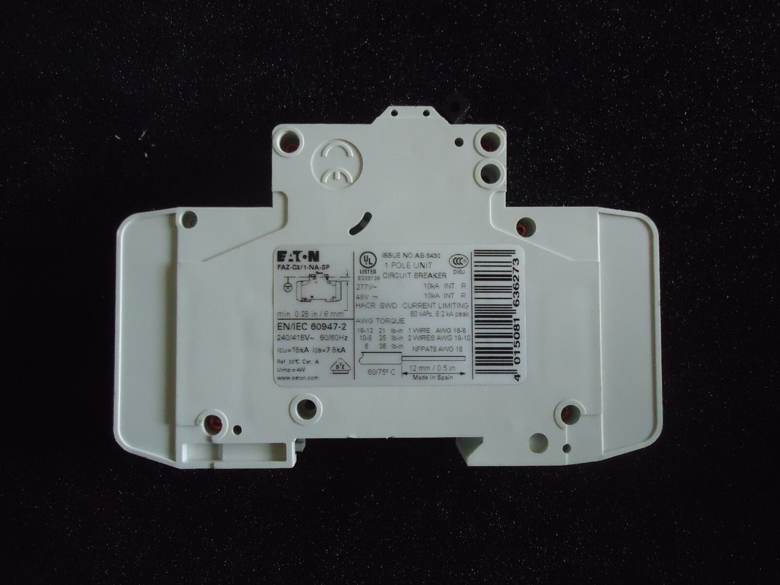 Eaton FAZ-C3/1-NA, 1 Pole, 3A, Circuit Braker. Made in Spain