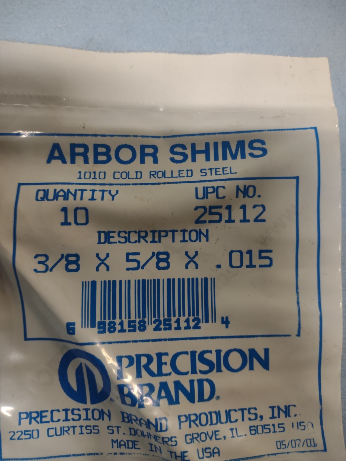 Precision Brand #25112 Arbor Shims 3/8 i.d. X 5/8 o.d. X .015 thick (Pack of 10)