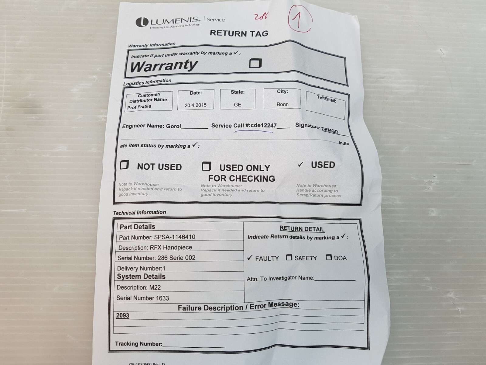 Lumenis ResurFX Handpiece SA-1146410 Series 002, REV. F