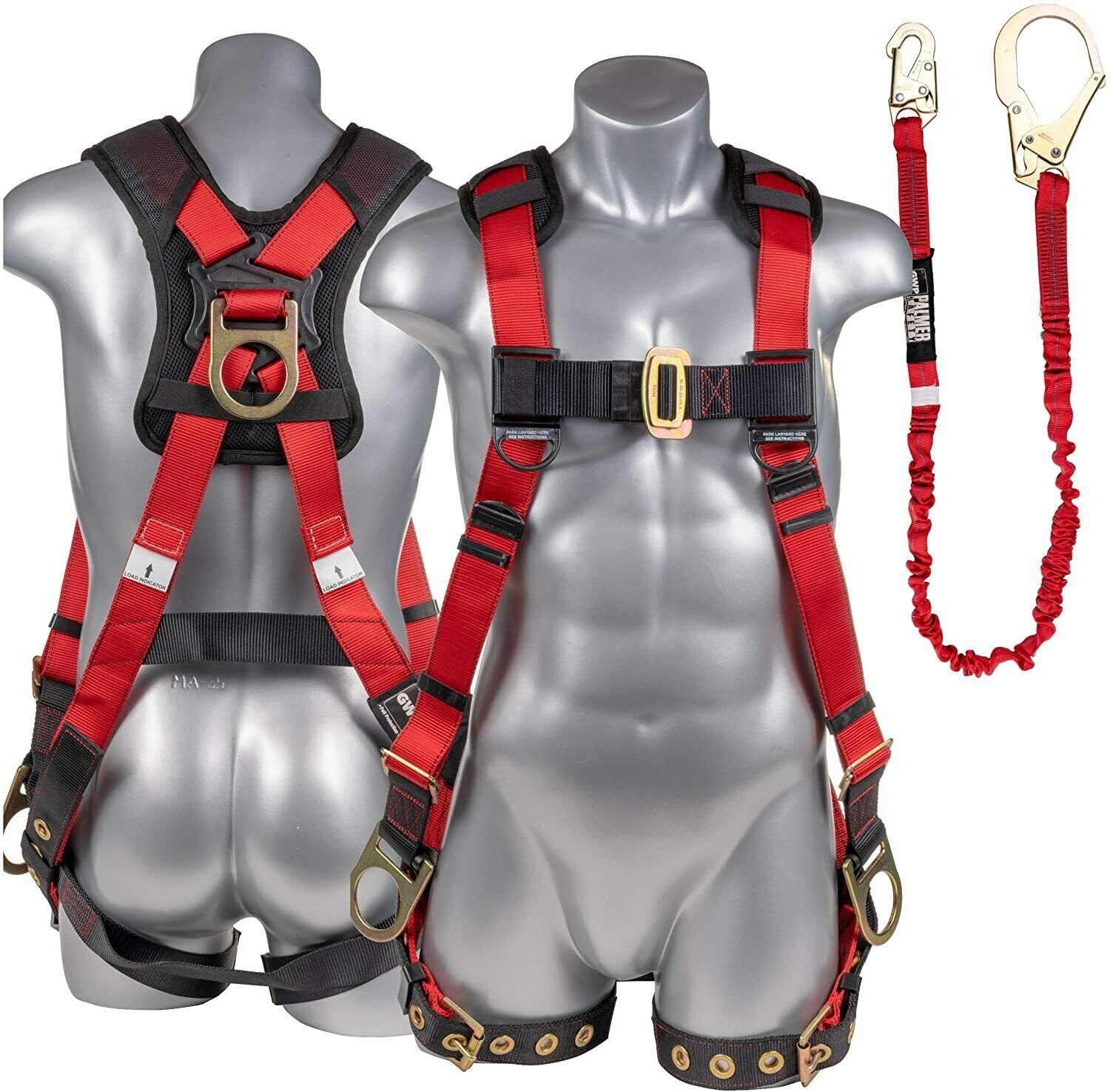 M Full Body Harness w/detachable 6′ Internal Shock Absorbing Lanyard, Rebar Hook