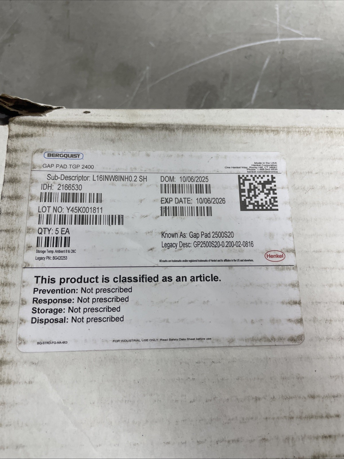 HENKEL BERGQUIST 8×16″ THERMAL GAP PAD SHEETS 2500s20. Case Of 5