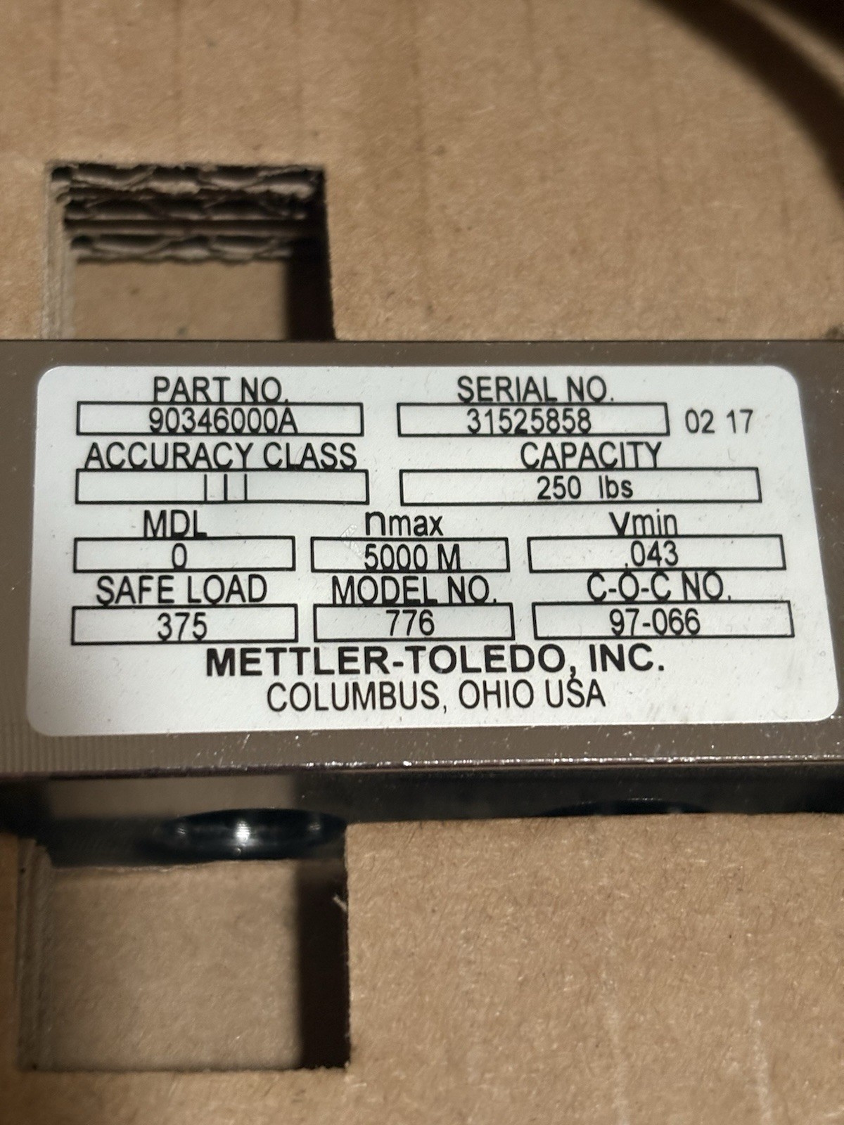 NEW NOS METTLER TOLEDO 90346000A Load Cell 250lbs Model 776