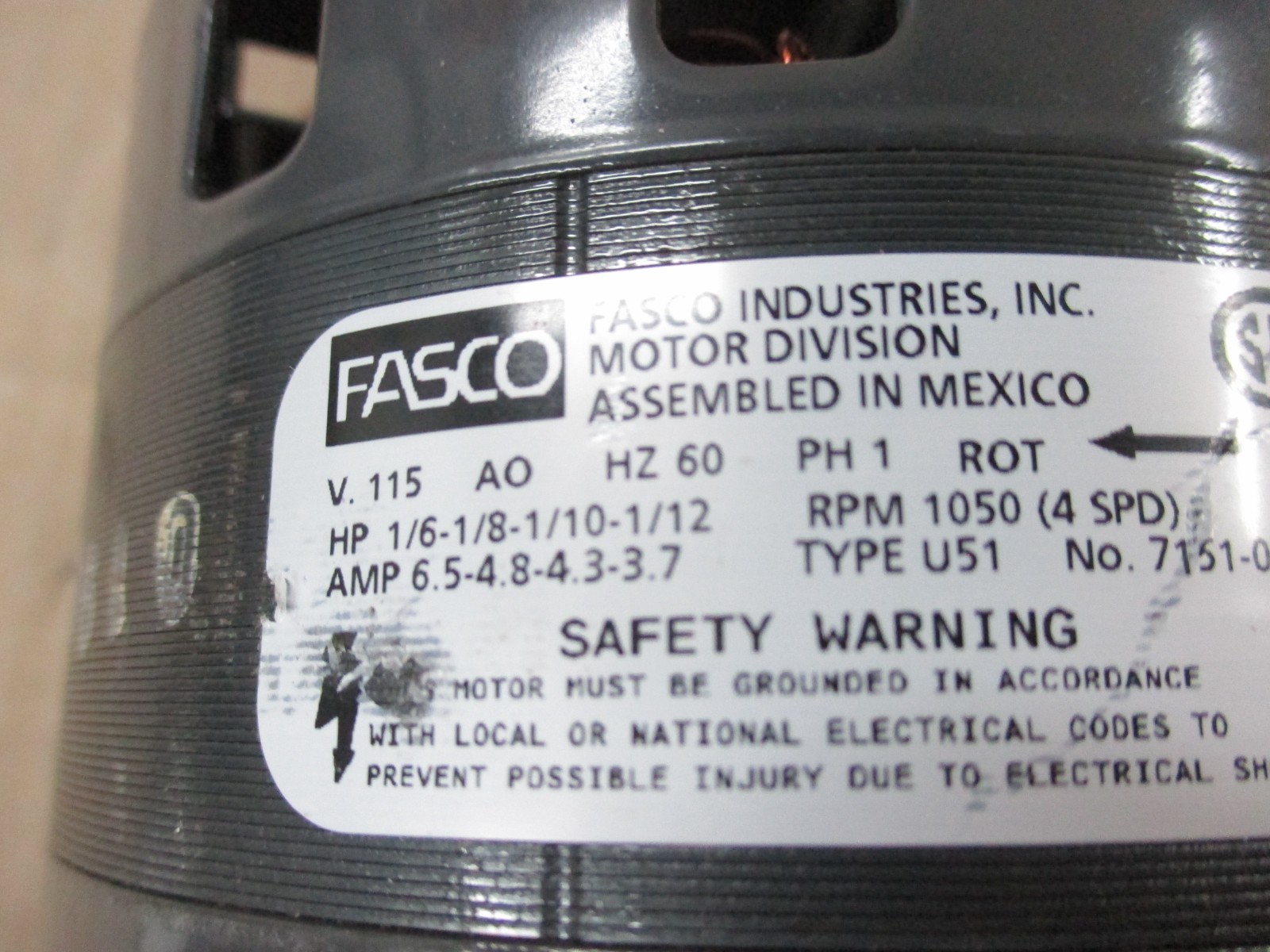 7151-0190 FASCO ELECTRIC MOTOR RPM 1050 (4SPD) HP 1/6 – 1/8 – 1/10 – 1/12 NEW