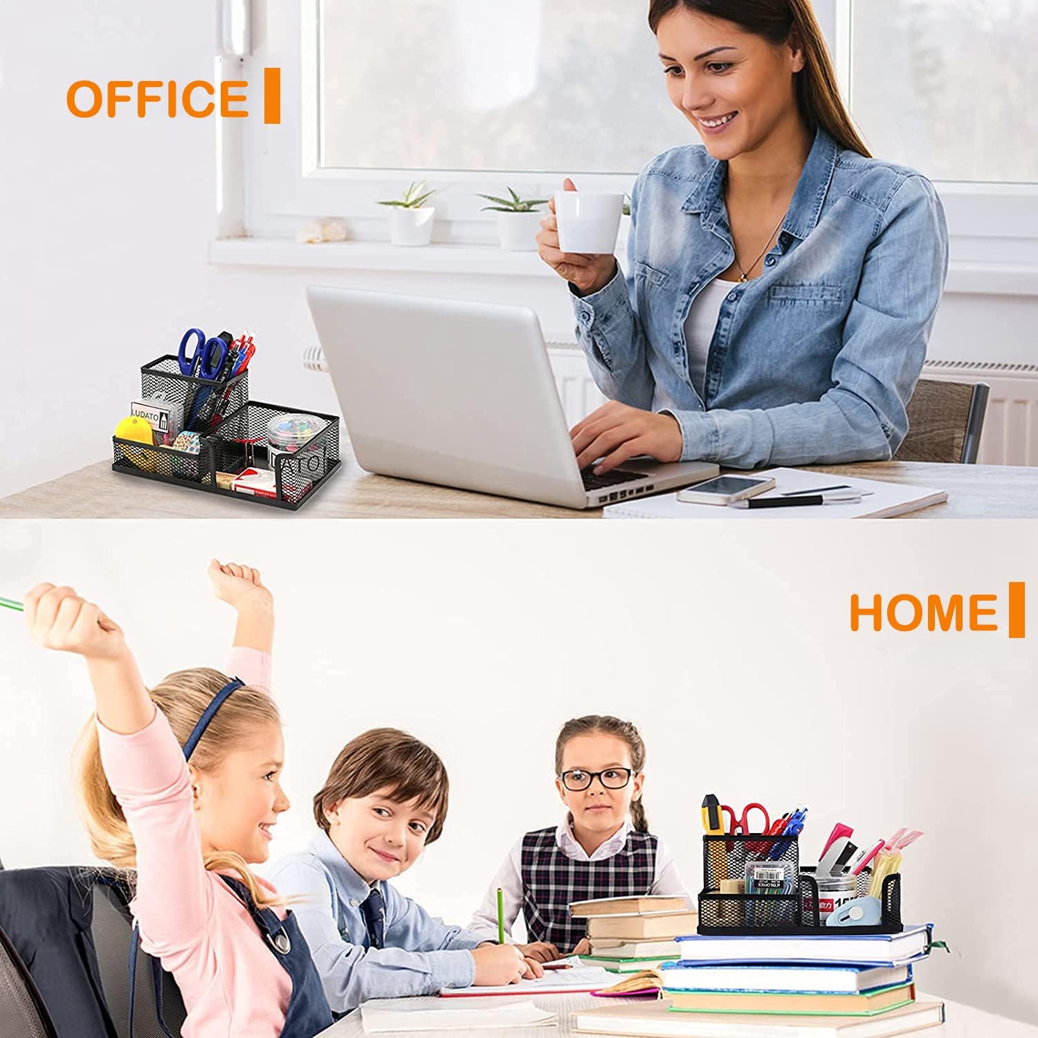 Pen Holder for Desk, Desk Organizers Set-3 Compartments Mesh Rectangle, Black