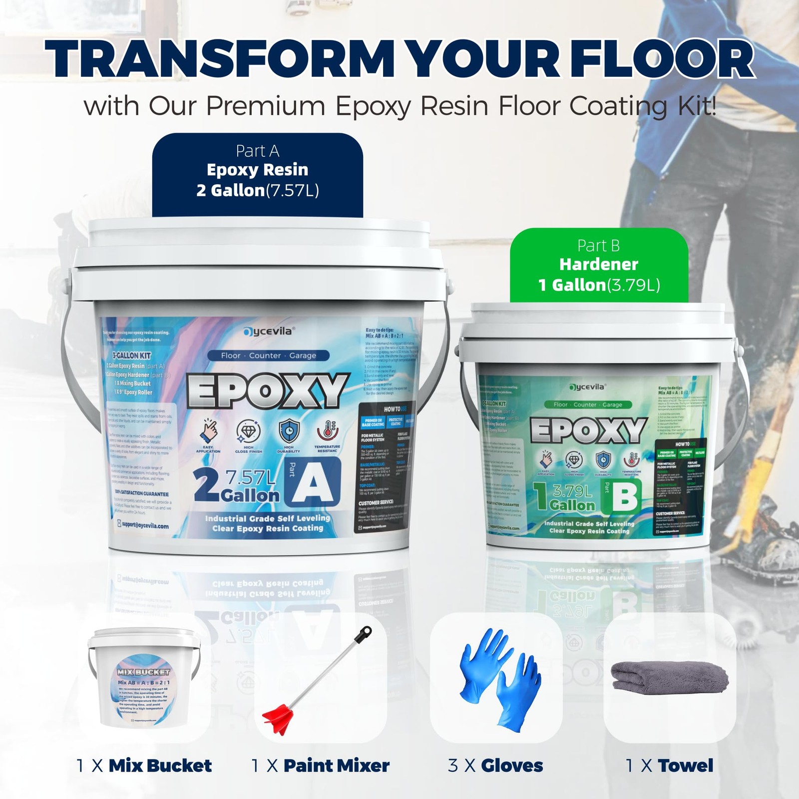3 Gallon 100% Solids Industrial Epoxy Floor Coating Kit – -Leveling, Highly D…