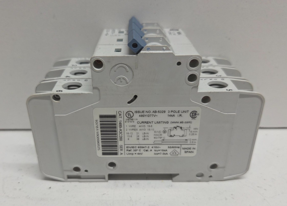 GUARANTEED! ALLEN-BRADLEY 20A 480Y/277V 3-POLE CIRCUIT BREAKER 1489-A3C200