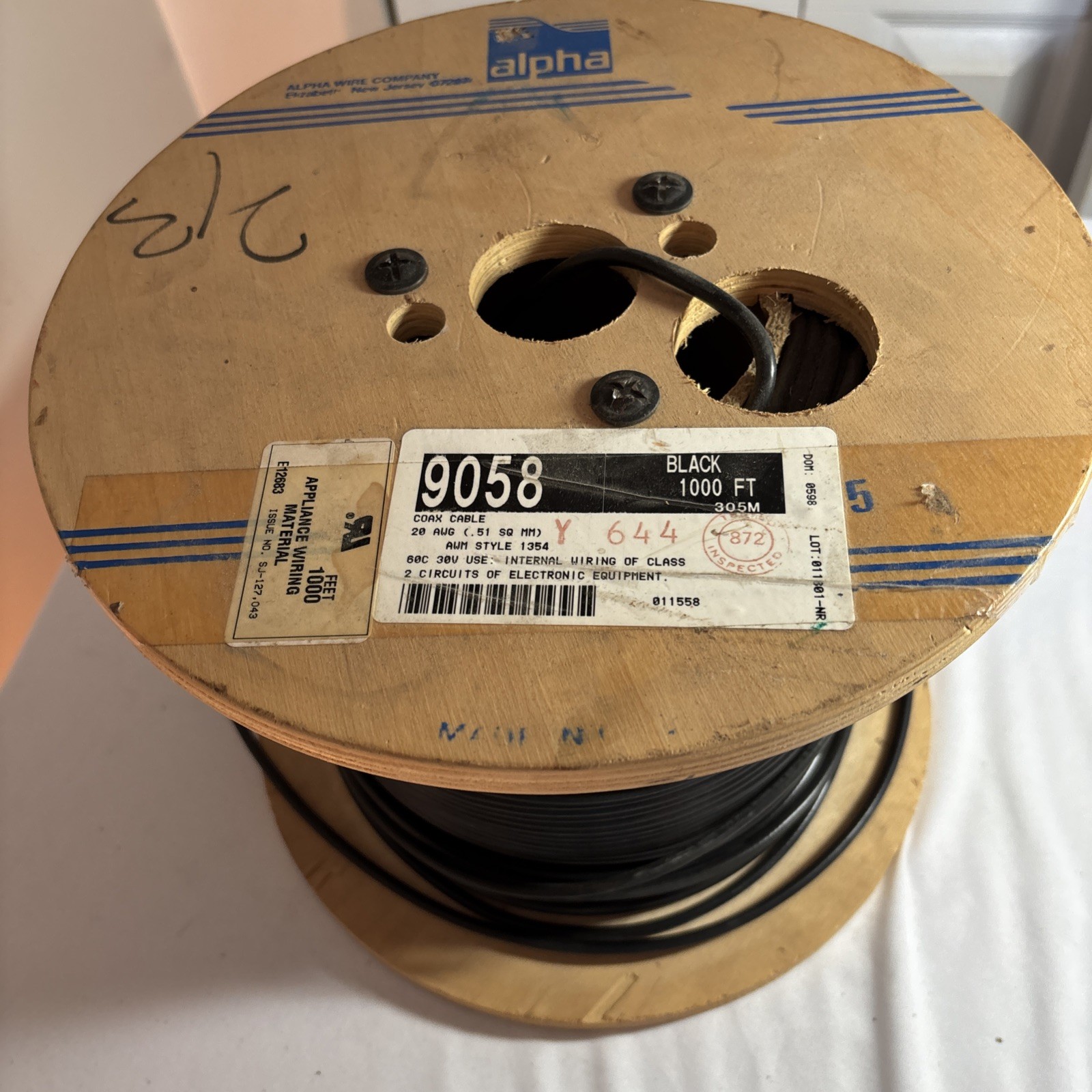 ALPHA WIRE Wiring Material Black 9058 Coax RG 58 Cable Partial Spool 20 AWG