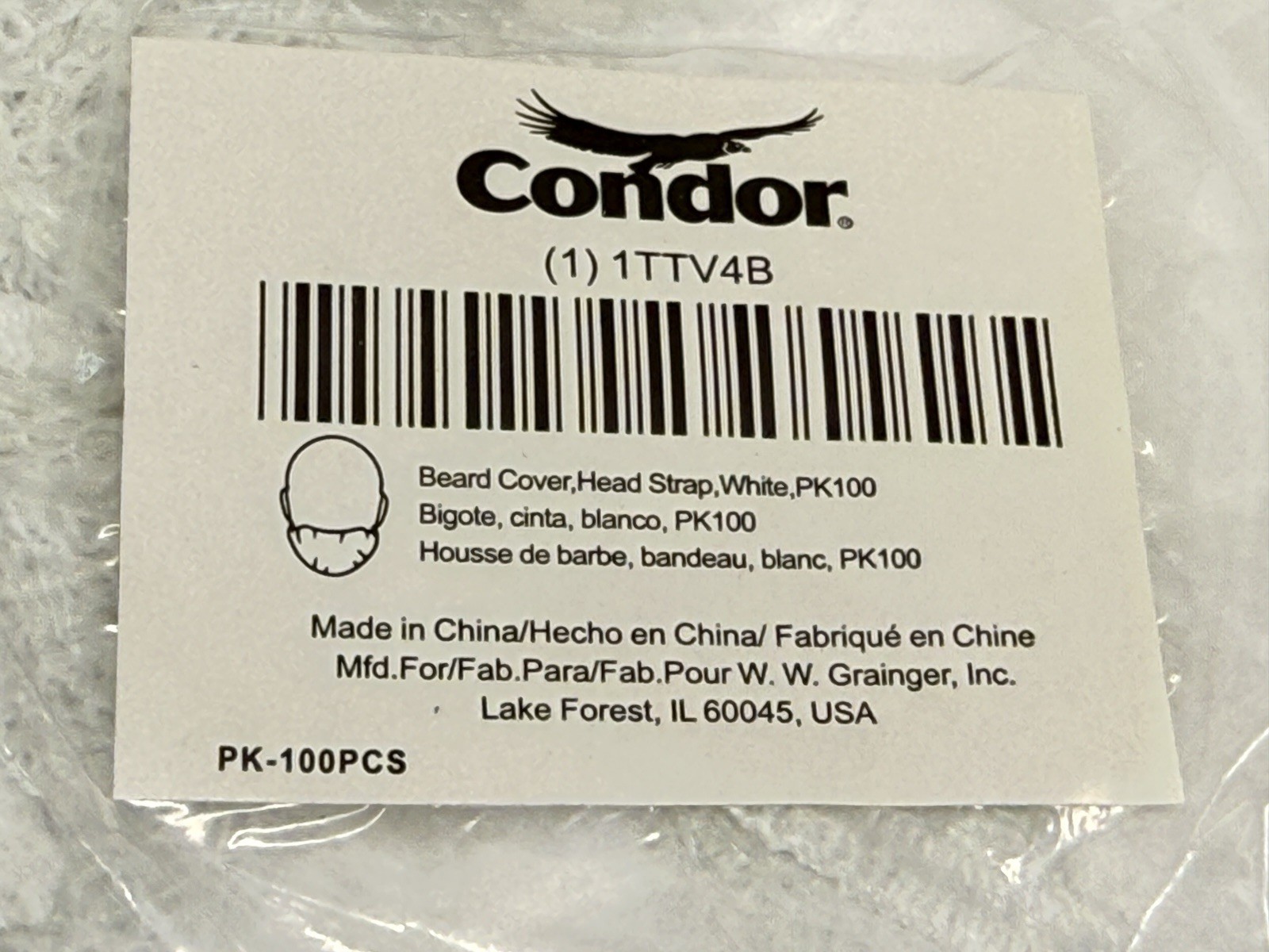 Condor Beard Cover net Head Strap White PK100 1TTV4B Disposable case of 1,000