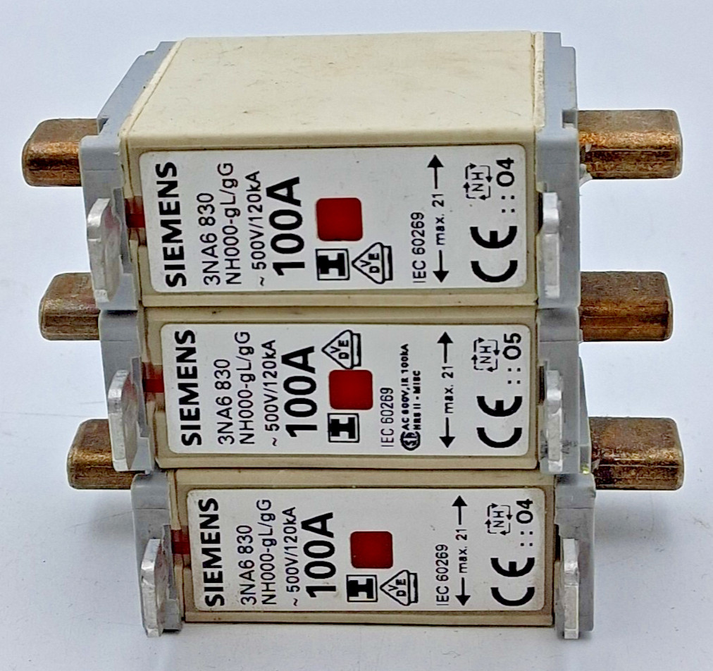 Siemens 3NA6-830-NH000 100A 500V Fuse – Lot of 3